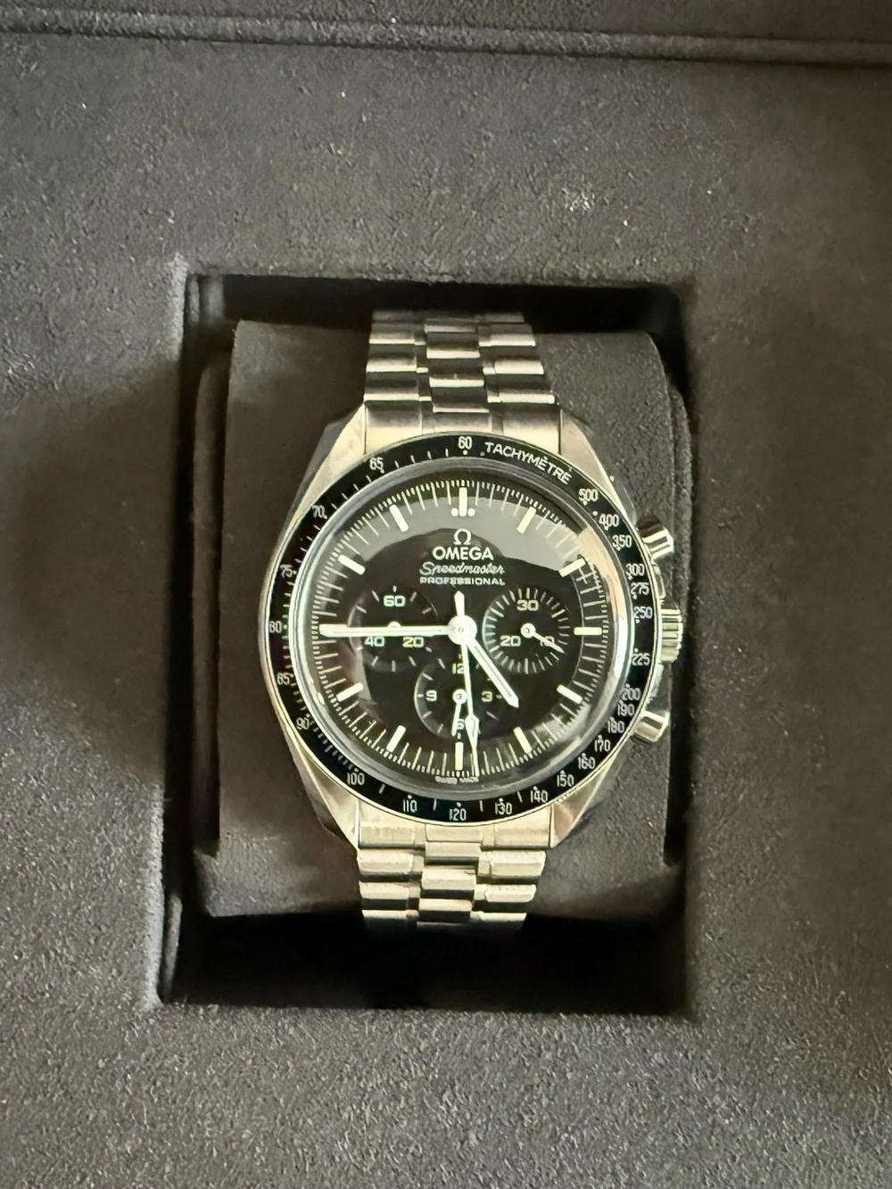 Omega Men's Silver Stainless Steel Watch with Black Dial